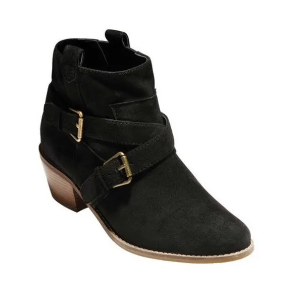 Cole Haan Jensynn Ankle Boots Black Suede Leather Fashion Booties Block Heel