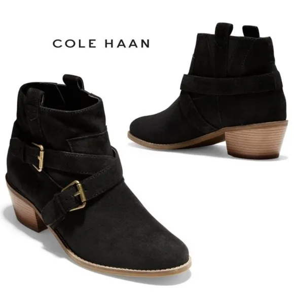 Cole Haan Jensynn Ankle Boots Black Suede Leather Fashion Booties Block Heel