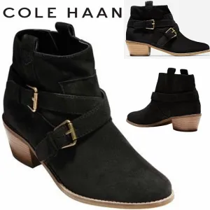 Cole Haan Jensynn Ankle Boots Black Suede Leather Fashion Booties Block Heel