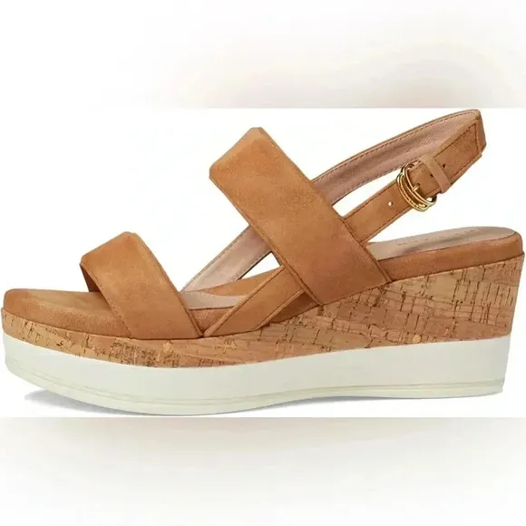 Cole Haan Wedge Sandals Brown Suede Strap Buckle Closure NWB Size 11 Comfort