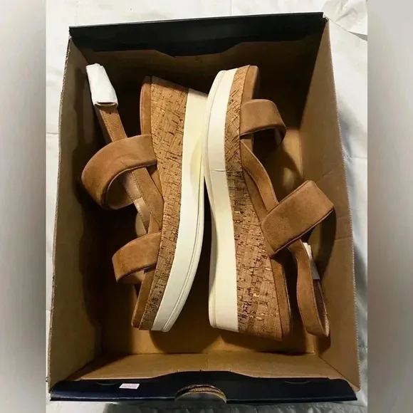 Cole Haan Wedge Sandals Brown Suede Strap Buckle Closure NWB Size 11 Comfort