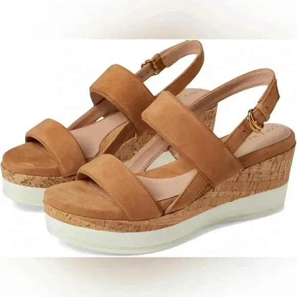 Cole Haan Wedge Sandals Brown Suede Strap Buckle Closure NWB Size 11 Comfort