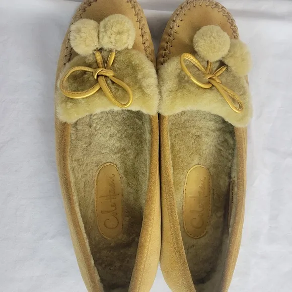 Cole Haan Women's Tan Leather Suede Shearling Moccasins Flats Size 8.5