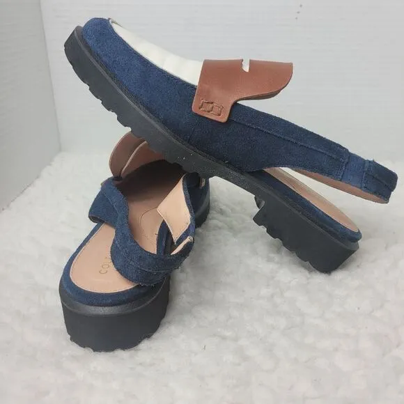Cole Haan Geneva Lug Women's Size 9B Slingback Blue Suede White Brown Shoes