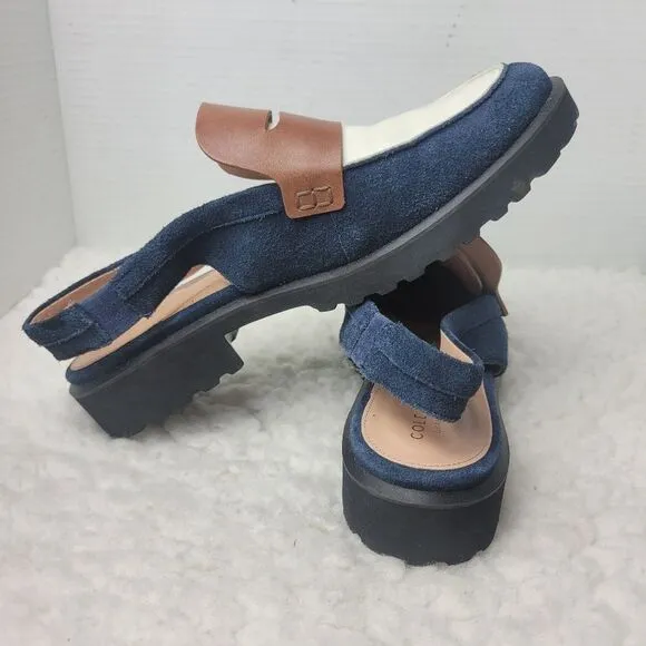 Cole Haan Geneva Lug Women's Size 9B Slingback Blue Suede White Brown Shoes