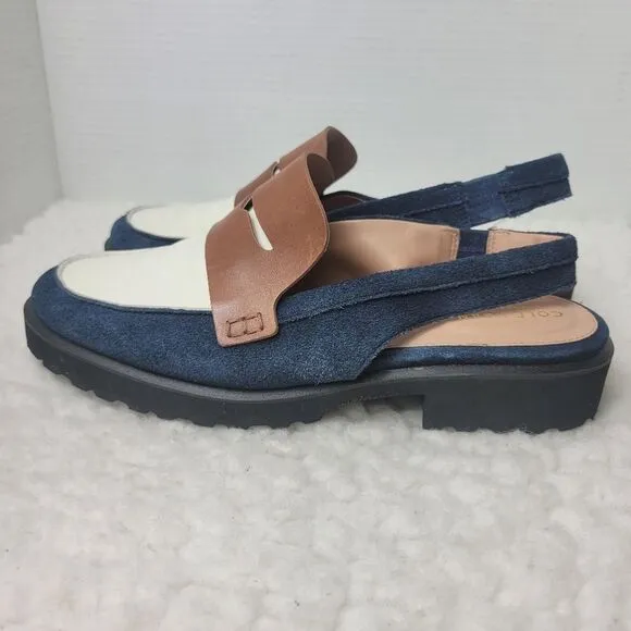 Cole Haan Geneva Lug Women's Size 9B Slingback Blue Suede White Brown Shoes