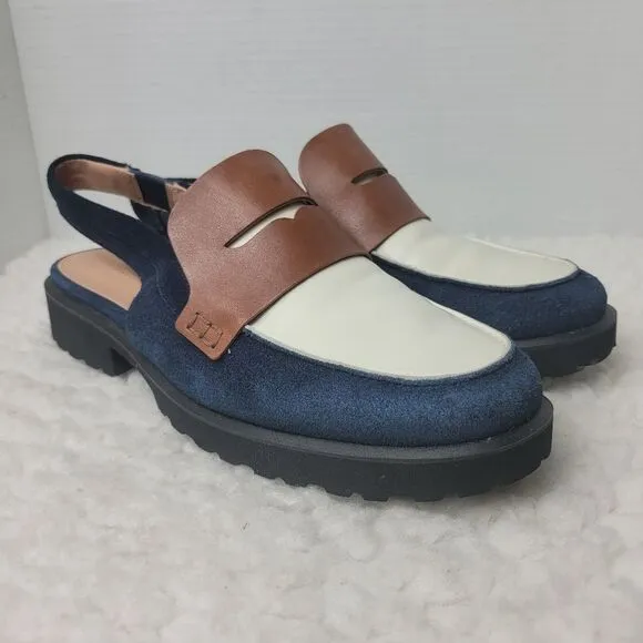 Cole Haan Geneva Lug Women's Size 9B Slingback Blue Suede White Brown Shoes