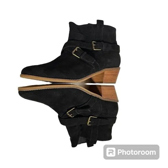 Cole Haan Grandos Size 11B Suede Leather Ankle Booties Black Buckle Heels NWOB