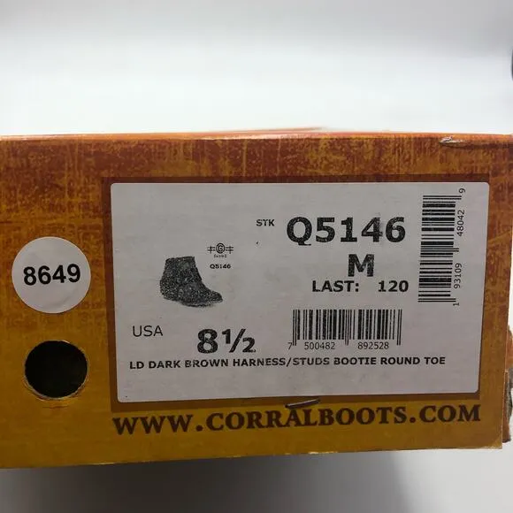 Corral Tobacco Harness &amp; Studs Round Toe Leather Ankle Boots Size 8.5 M