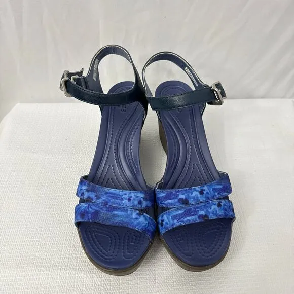 Crocs Leigh II Sandals Womens 8 Blue Ankle Strap Buckle Comfort Wedge Shoes