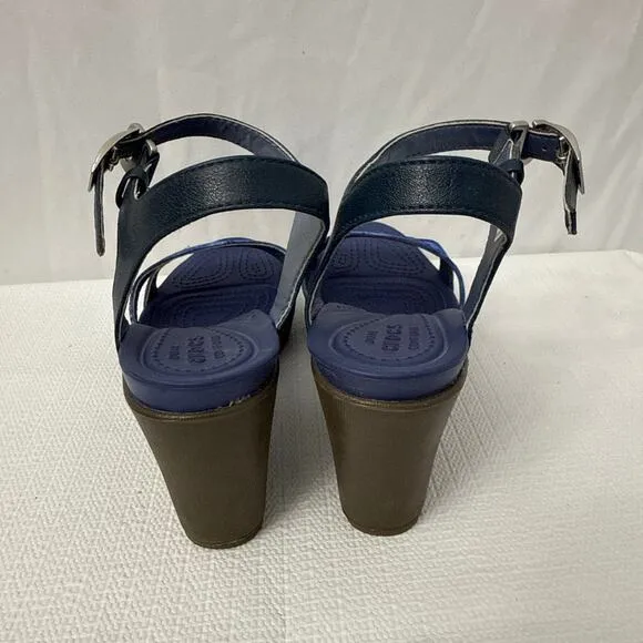 Crocs Leigh II Sandals Womens 8 Blue Ankle Strap Buckle Comfort Wedge Shoes