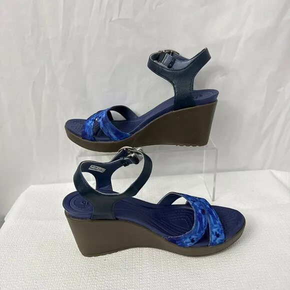 Crocs Leigh II Sandals Womens 8 Blue Ankle Strap Buckle Comfort Wedge Shoes