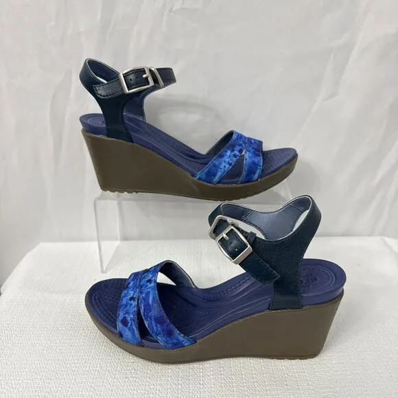 Crocs Leigh II Sandals Womens 8 Blue Ankle Strap Buckle Comfort Wedge Shoes