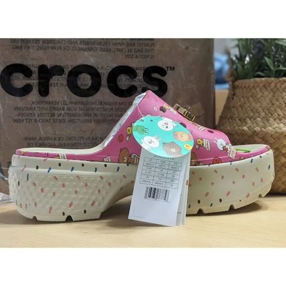 Crocs LINE FRIENDS Pink Stomp Platform Slide Sandals with Jibbitz Charms W10/M8