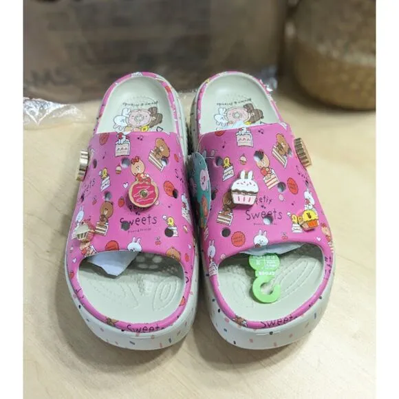 Crocs LINE FRIENDS Pink Stomp Platform Slide Sandals with Jibbitz Charms W10/M8