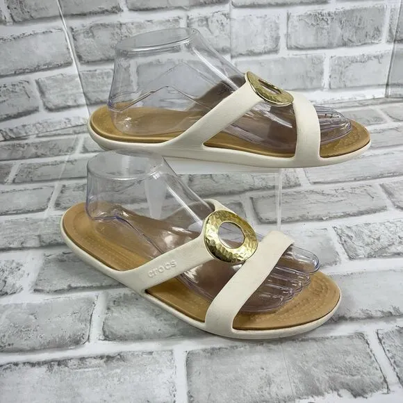 Crocs Sanrah Hammered Circle Slide Sandals Oyster White Gold Comfort Women's 9