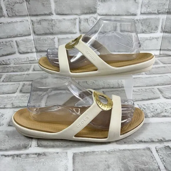 Crocs Sanrah Hammered Circle Slide Sandals Oyster White Gold Comfort Women's 9