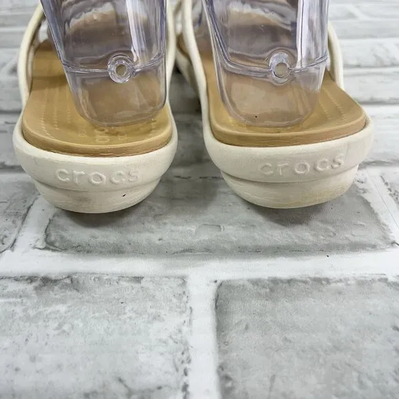 Crocs Sanrah Hammered Circle Slide Sandals Oyster White Gold Comfort Women's 9