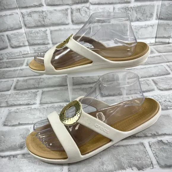 Crocs Sanrah Hammered Circle Slide Sandals Oyster White Gold Comfort Women's 9
