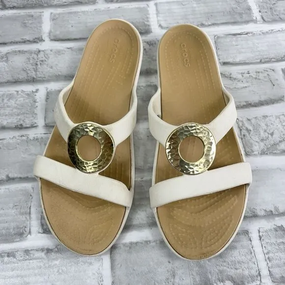 Crocs Sanrah Hammered Circle Slide Sandals Oyster White Gold Comfort Women's 9