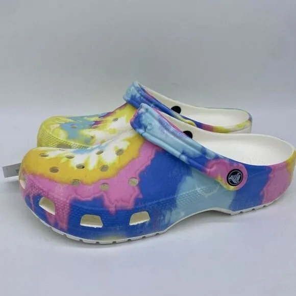 Crocs Shoes Unisex Men 10 Women 12 White Multi Tie Dye Graphic Clogs Slip On NWT