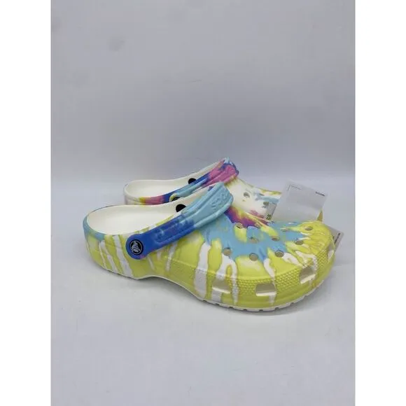 Crocs Shoes Unisex Men 10 Women 12 White Multi Tie Dye Graphic Clogs Slip On NWT