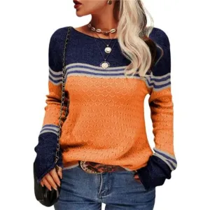 Danedvi Women Autumn Winter Colorblock Pullover Sweaters Round Neck Striped