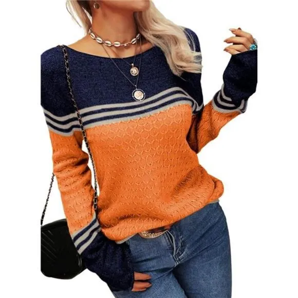 Danedvi Women Autumn Winter Colorblock Pullover Sweaters Round Neck Striped