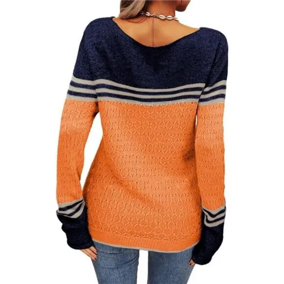Danedvi Women Autumn Winter Colorblock Pullover Sweaters Round Neck Striped