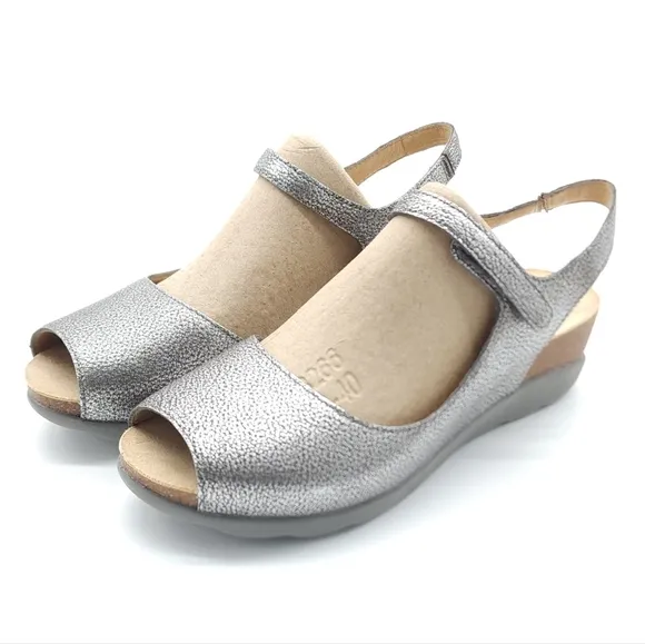 Dansko Marcy Metallic Pewter Wedge Slingback Sandals Multiple Sizes