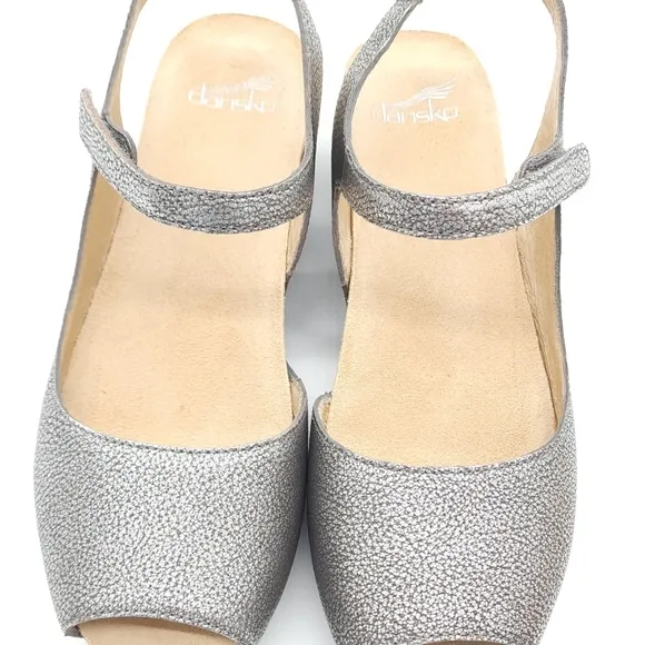 Dansko Marcy Metallic Pewter Wedge Slingback Sandals Multiple Sizes