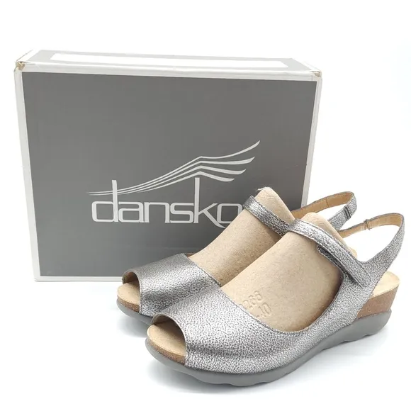 Dansko Marcy Metallic Pewter Wedge Slingback Sandals Multiple Sizes