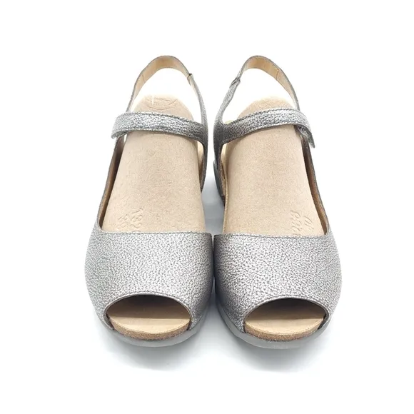 Dansko Marcy Metallic Pewter Wedge Slingback Sandals Multiple Sizes