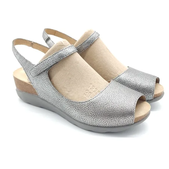 Dansko Marcy Metallic Pewter Wedge Slingback Sandals Multiple Sizes