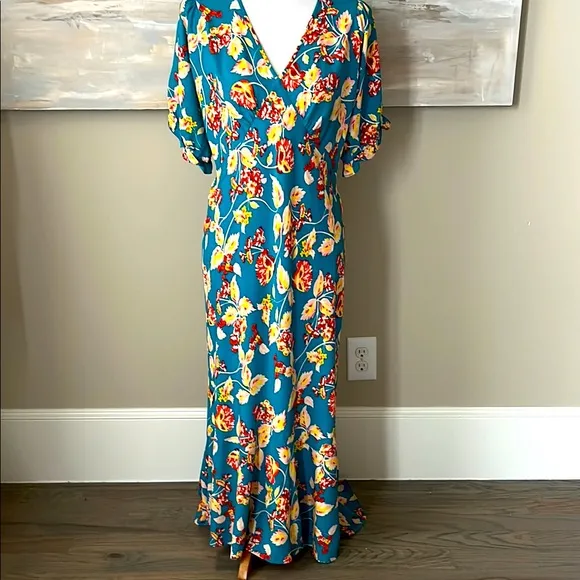 Diane Von Furstenberg “Orla” turquoise floral crepe dress