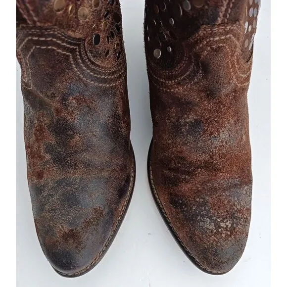 Diba True Flying Solo Ankle Boot Brown Distressed Leather Flat Round Studs Sz 8