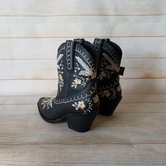 Dingo Primrose Western Cowboy Ankle Boots Booties Embroidered Leather Black 8.5M