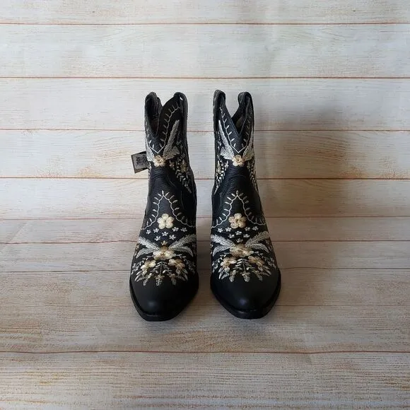 Dingo Primrose Western Cowboy Ankle Boots Booties Embroidered Leather Black 8.5M