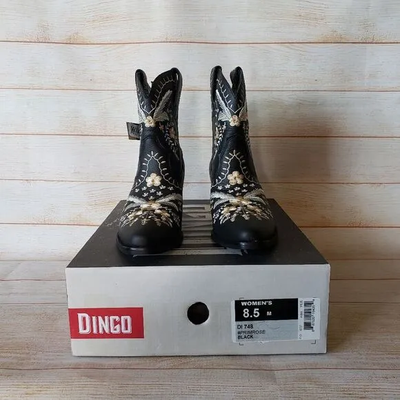 Dingo Primrose Western Cowboy Ankle Boots Booties Embroidered Leather Black 8.5M