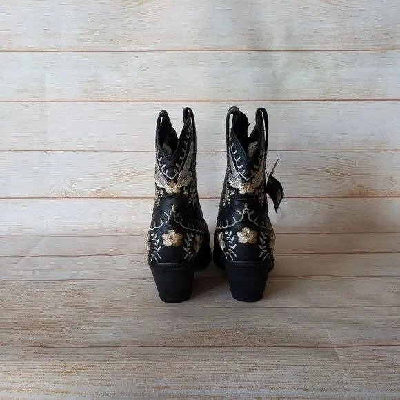 Dingo Primrose Western Cowboy Ankle Boots Booties Embroidered Leather Black 8.5M