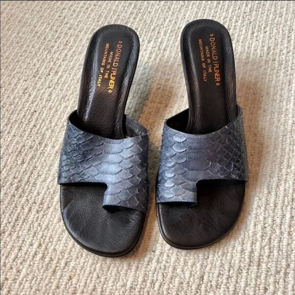 DONALD J PLINER Black Grey Snakeskin Leather Heel 90s y2k Thong Slide Sandals 7