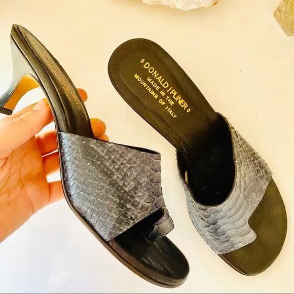 DONALD J PLINER Black Grey Snakeskin Leather Heel 90s y2k Thong Slide Sandals 7