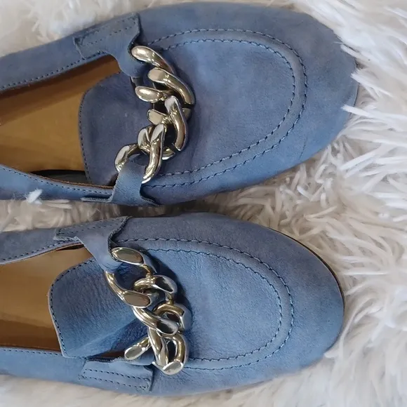 DONALD PLINER Blue Nubuck Suede Shoes Balton Loafer Flats Silver Chain Size 9