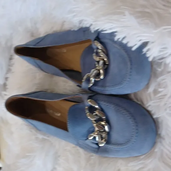 DONALD PLINER Blue Nubuck Suede Shoes Balton Loafer Flats Silver Chain Size 9