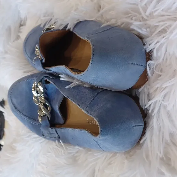 DONALD PLINER Blue Nubuck Suede Shoes Balton Loafer Flats Silver Chain Size 9