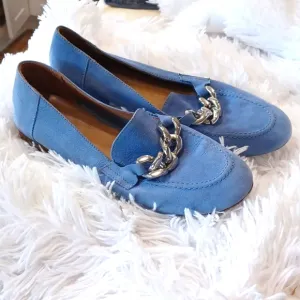 DONALD PLINER Blue Nubuck Suede Shoes Balton Loafer Flats Silver Chain Size 9