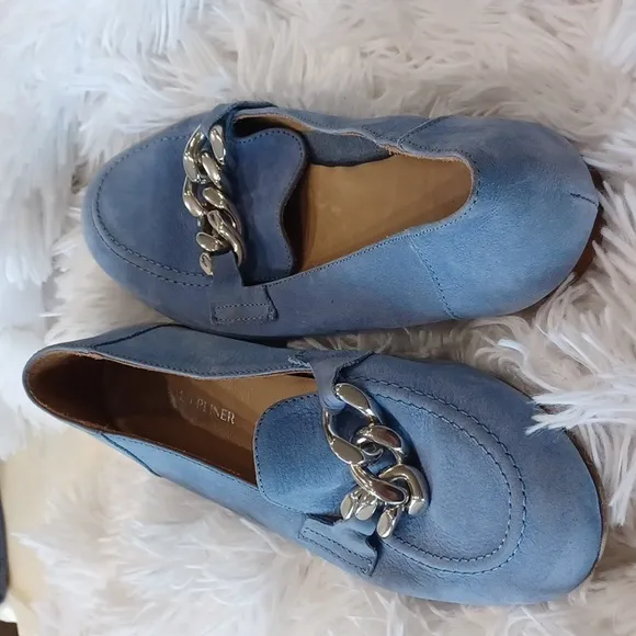 DONALD PLINER Blue Nubuck Suede Shoes Balton Loafer Flats Silver Chain Size 9