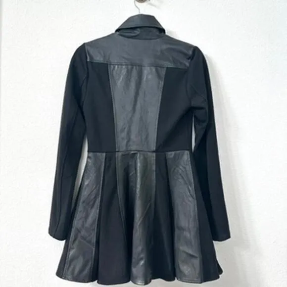 Double Zero Black Faux Leather Trimmed Military Style Coat Size S, Button Detail
