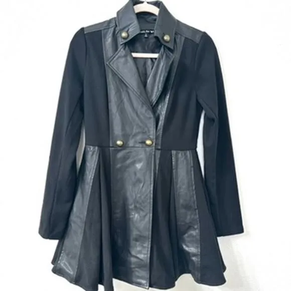 Double Zero Black Faux Leather Trimmed Military Style Coat Size S, Button Detail