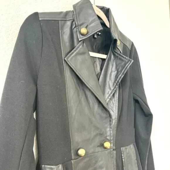 Double Zero Black Faux Leather Trimmed Military Style Coat Size S, Button Detail